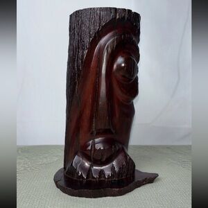 Hand Carved Face Sculpture Figurine Costa‎ Rica Mahogany Wood Shiny Signed